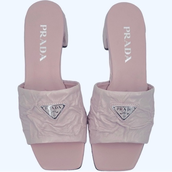 Prada Crinkled Leather Block-Heel Slip on Logo Mules Sandals size 8 Pale Pink - Picture 4 of 12